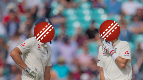 An image of two England Test cricketers whose faces are hidden by cricket balll graphics