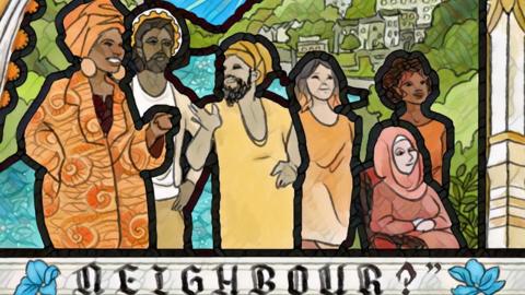 Stain glass window showing Jesus among a diverse group of neighbours.