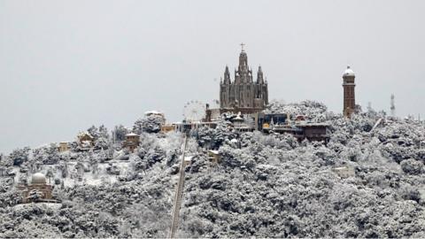 Snow on the Tibidabo mountain in Barcelona.