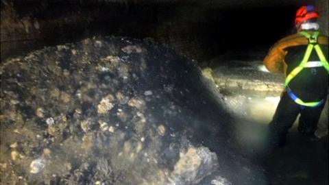 A sewer worker stands next to the "monster" fatberg