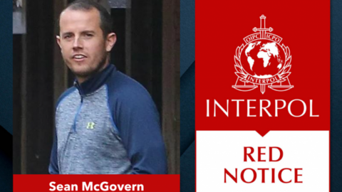 A composite image showing a picture of Sean McGovern - a man with short brown hair wearing a blue and grey zip up hoodie - on the left, on the right is the Interpol logo in white against a red background with Red Notice written underneath in a red font against a white background. His name 'Sean McGovern' is written in white with a red background underneath him.