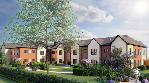 Computer-generated image of a proposed two-storey apartment development at Richmond Road in Farsley, showing landscaped gardens, trees, paths and communal outdoor space.