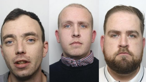 Police mugshots of three men, sat side by side. On the left is a man in his thirties with short dark hair. In the middle is a man with a closely shaved head, who is wearing a collared shirt and dark jumper. On the right is a man with short dark hair and a beard. 