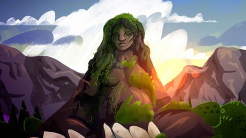 Artwork representing "Mother Earth" as a type of rock formation with foliage for hair and clothes