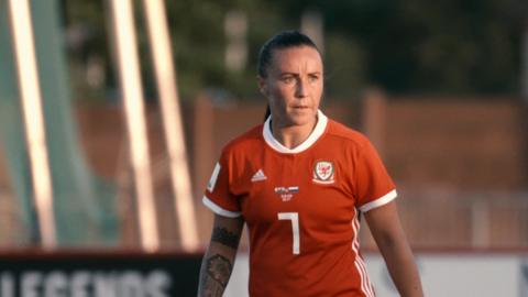  Wales footballer Natasha Harding looking to the side of the pitch during a game 