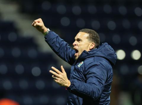 Blackburn Rovers manager Valerien Ismael celebrates with the fans at the end of the match during the Sky Bet Championship match between Preston North End and Blackburn Rovers at Deepdale Stadium on November 21, 2025 