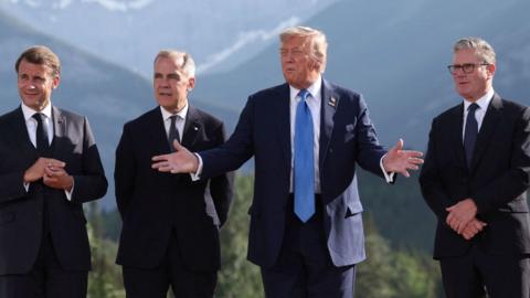 World leaders are talking to the press during the G7 summit in Kananaskis, Alberta, Canada.