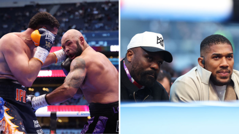 Split image of Frazer Clarke and Justis Huni exchanging punches and Derek Chisora and Anthony Joshua at ringside