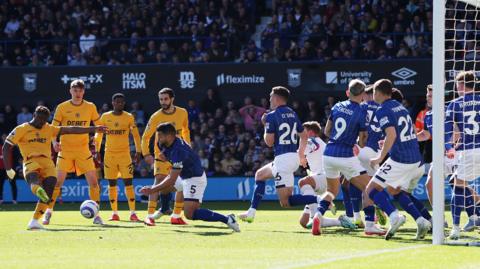 Wolves take an indirect free-kick against Ipswich