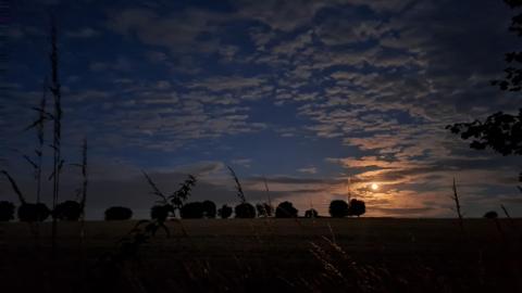 A night-time landscape of fields and silhouettes of trees on the horizon with a moon lit sky of mottled clouds and deep blue sky