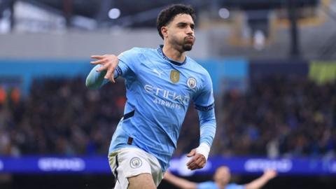 Hat-trick hero Omar Marmoush celebrates scoring for Man City against Newcastle