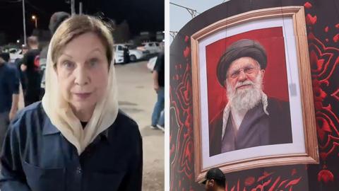 On the left, Lyse Doucet wear a dark jacket. On the right, an image of Iran's former supreme leader.