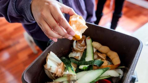 A person at home wearing a purple jumper drops an apple core into a small black food waste bin that is full of vegetable peelings.