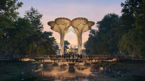 Image of lilypads rising into the sky over a bridge