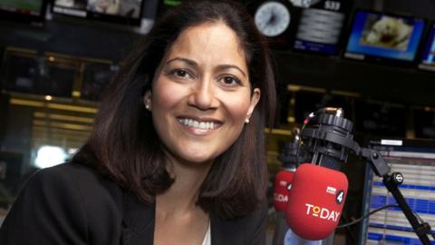 Mishal Husain in a radio studio smiling next to a red Radio 4 Today microphone 