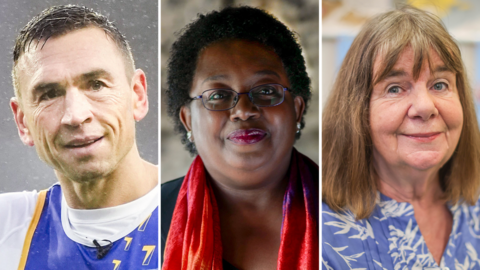 Three head-and-shoulders portraits arranged side by side in vertical panels. The left portrait shows Sinfield in a blue athletic top. The centre portrait shows Blackman wearing glasses and a red scarf over a dark top. The right portrait shows Donaldson with shoulder-length hair wearing a light blue patterned top.