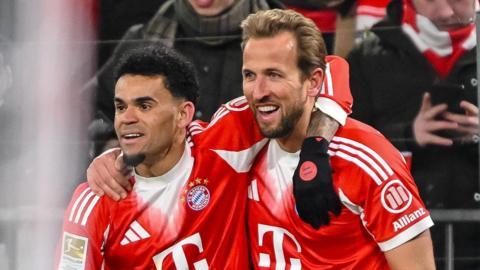 Harry Kane celebrates scoring for Bayern Munich