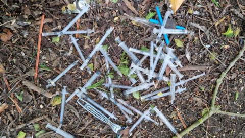 About two dozen plastic syringes - some with their needles still in - dumped on a floor of leaves, twigs and earth. 