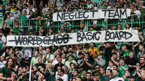 Celtic fans hold up banners