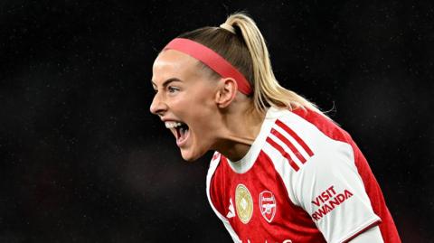 Arsenal's Chloe Kelly celebrates scoring against Chelsea