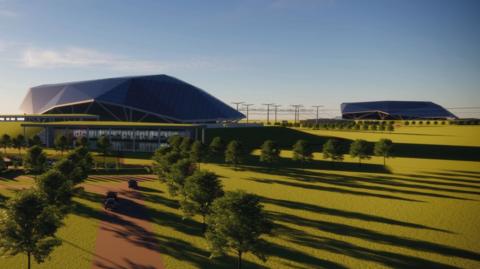 A 3D image of the plans showing the first-of-its-kind nuclear power station set to be created at Wylfa, Anglesey.