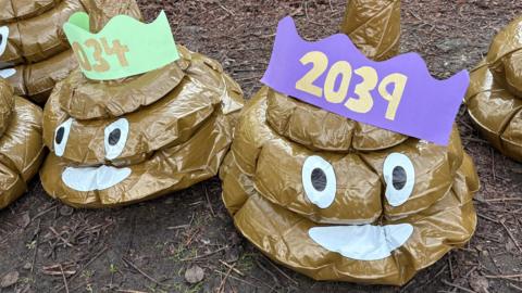 A close-up of two brown inflatable poo swirl emojis with coloured hats, which show the years 2034 and 2039. They have wide eyes and mouths. They are standing on mud and grass.