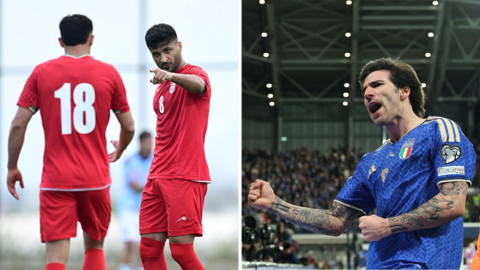 Graphic showing two photos of Mohammed Mohebbi of Iran celebrating and Sandro Tonali of Italy celebrating