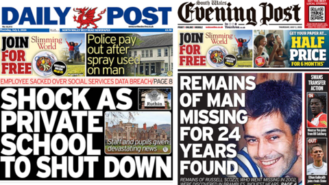 Daily Post and South Wales Evening Post front pages