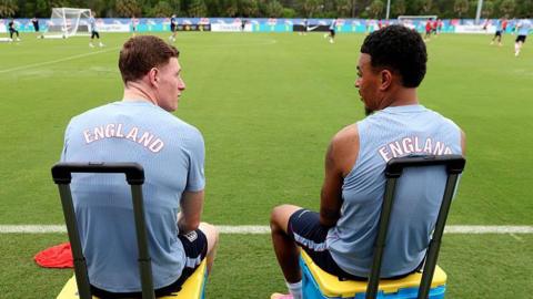 Elliot Anderson and Morgan Rogers during an England training session before the 2026 World Cup