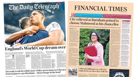Newspaper headlines: 'England's World Cup dream over' and 'Mahmood for Chancellor'