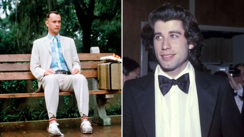 Split image between Tom Hanks as Forest Gump and John Travolta. 