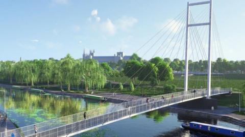 An artist's impression of the Cygnet Bridge over the River Nene. It shows a bridge held up by a tower and cables, with greenery and the cathedral in the background.