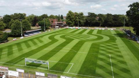 A view of the decorative pitch with straight lines, circles in the middle, and areas of checked patterns.