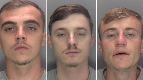 A composite image of three men each wearing grey t-shirts.