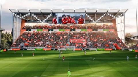 A computer generated image of Wrexham's proposed new Kop Stand at the Stok Cae Ras