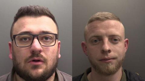 Mugshots of Ryan Dobb-Clarke wearing glasses with a beard and Peter Crunkhurn with blonde hair and a beard