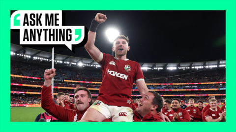 British and Irish Lions’ Hugo Keenan celebrates after winning the second Test against Australia 