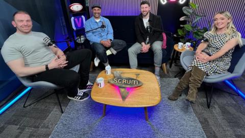 L-R: Alun Wyn Jones, Richard Parks and Alex Cuthbert join presenter Lauren Salter.