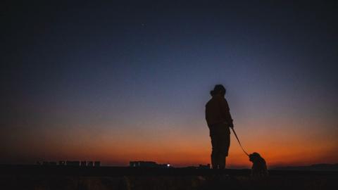 The silhouette of a person and their dog against a sunset.