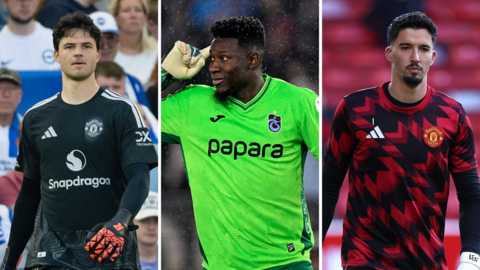 A split graphic of Senne Lammens, Andre Onana and Altay Bayindir