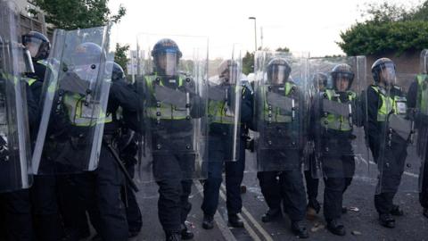 Screen grab taken from PA Video of police and protestors clashing in Southampton during a protest following the death of Henry Nowak.