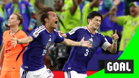 Koki Ogawa celebrates scoring equalising goal against Netherlands in the 2026 World Cup
