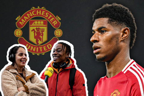 Marcus Rashford playing at Old Trafford for Manchester United on the right with two cutouts of people from South Manchester on the left.