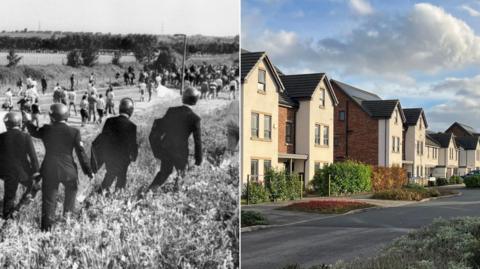 A composite image. On the left is a black and white photo of police officers running across a field with batons and shield. On the right is a street of uniform, three-floor brick and white houses with driveways.