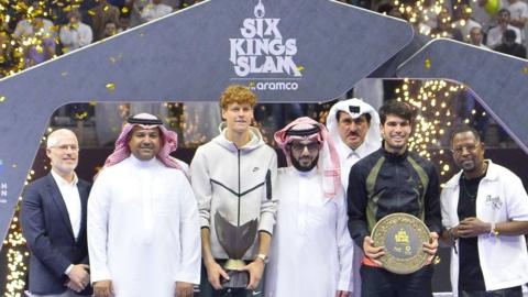 Jannik Sinner and Carlos Alcaraz after the final of the Six Kings Slam in 2024