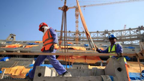 Construction workers at the Lusail Stadium in Lusail, Qatar, in 2019