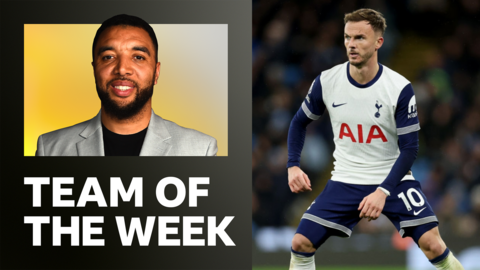 Troy Deeney's team of the week graphic alongside a picture of James Maddison