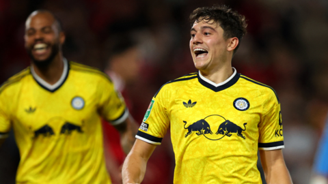 Dan James celebrates after scoring for Leeds United against Nottingham Forest in the Carabao Cup