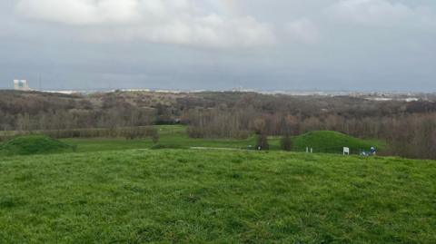 Grassy hills and open parkland with scattered trees under a cloudy sky, with distant urban buildings visible on the horizon.