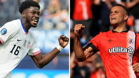 Split image of Patrick Agyemang and Carlton Morris celebrating scoring goals